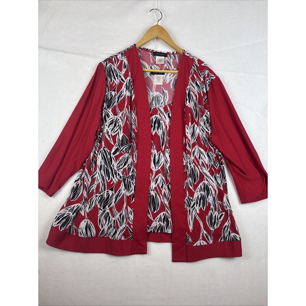 Slinky Brand SET Petite 1X Cardigan Open Front+tank Red W/ Black White Floral
